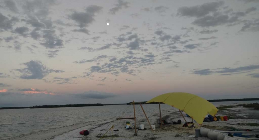 a shelter rests on the beach at dusk or dawn with the moon shining high in the sky